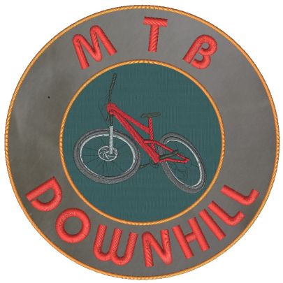 Stemmone ricamato diametro cm.30 tondo con bici MTB DOWNHILL su fondo grigio e verde