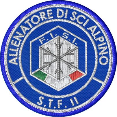 Patch ricamato su base blu e filo bianco Allenatore di SCi ALPINO S.T.F. II diam.70 mm. 