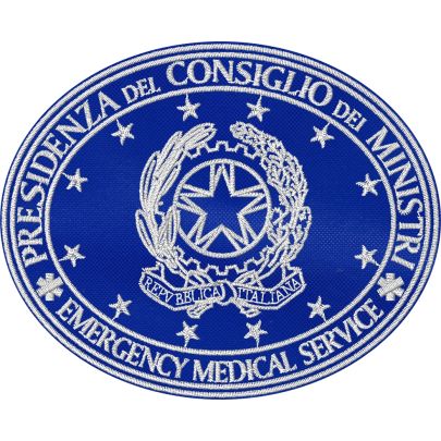 Patch ricamato OVALE Presidenza del Consiglio dei Ministri emergency medical service su base blu royal Cm.10 x 8 