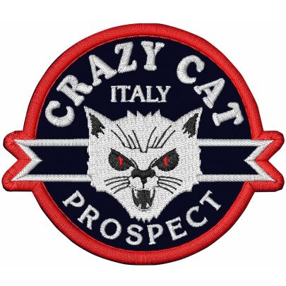 Patch ricamato BIKERS CRAZY CAT cm. 8 x 7 su base nera SENZA NOME INCARICO