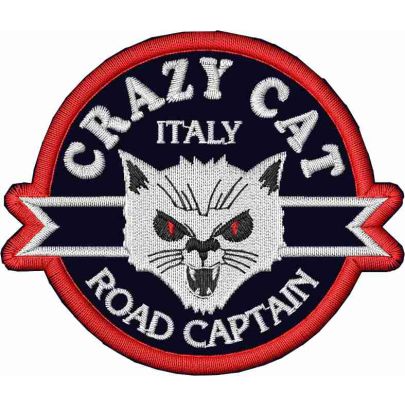 Patch ricamato BIKERS CRAZY CAT cm. 8 x 7 su base nera SENZA NOME INCARICO