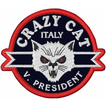 Patch ricamato BIKERS CRAZY CAT cm. 8 x 7 su base nera SENZA NOME INCARICO
