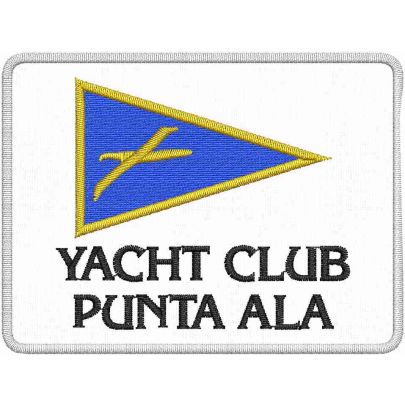 Patch rettangolare su base bianca ricamato Yacht Club punta Ala, cm. 8 x 6 