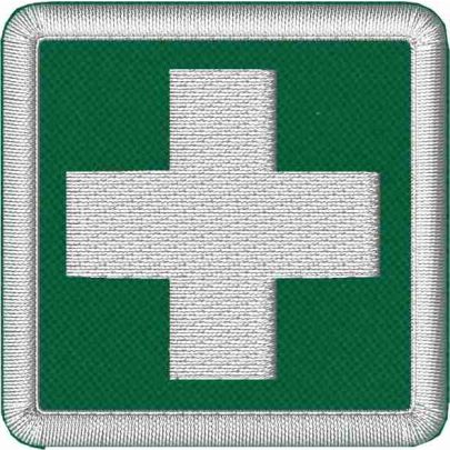 Patch ricamato su verde simbolo ISO DEL PRIMO SOCCORSO dimensioni 5 x 5 cm. c