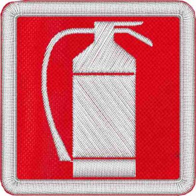 Patch ricamato su ROSSO simbolo ISO ESTINTORE dimensioni 5 x 5 cm