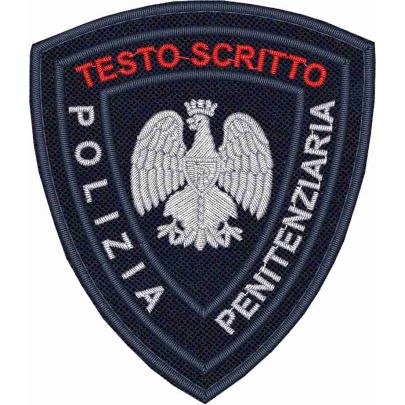 Patch ricamato  AQUILA POLIZIA PENITENZIARIA,con TESTO SCRITTO a piacere con filo rosso e su base blu navy 