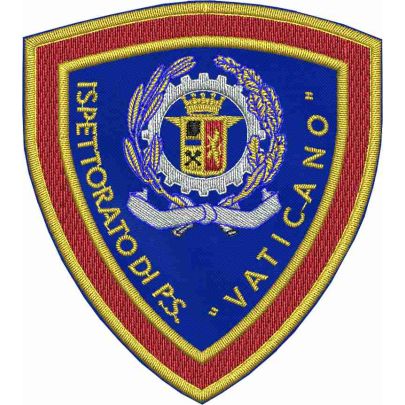 Patch ricamato scudetto "ISPETTORATO PUBBLICA SICUREZZA VATICANO" su base blu royal 