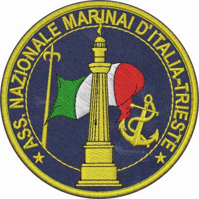Patch rotondo ricamato "ASS. NAZIONALE MARINAI D_ITALIA-TRIESTE" diam. 8 cm. su base blu navy 