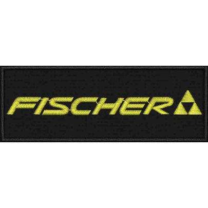 Patch Ricamato rettangolo FISCHER cm. 8 di base per 3 di altezza su fondo nero 