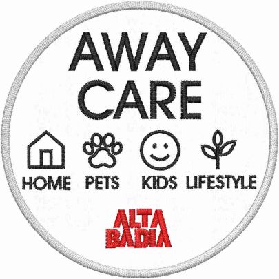 Stemma ricamato AWAY CARE ALTA BADIA su base bianca diametro Cm, 10 