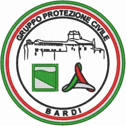 Patch ricamo PROTEZIONE CIVILE EMILIA-ROMAGNA  comune Bardi su base bianca 
