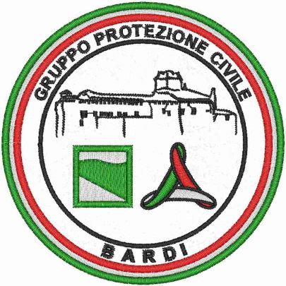 Patch ricamo PROTEZIONE CIVILE EMILIA-ROMAGNA  comune Bardi su base bianca Cod.20260217_A diam.80 mm.
