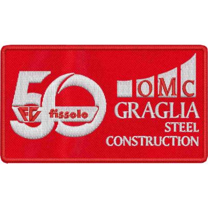 Patch ricamato personalizzato sponsor (Fissolo GRU - OMC GRAGLIA Steel) su base rossa cm. 9_x_5 