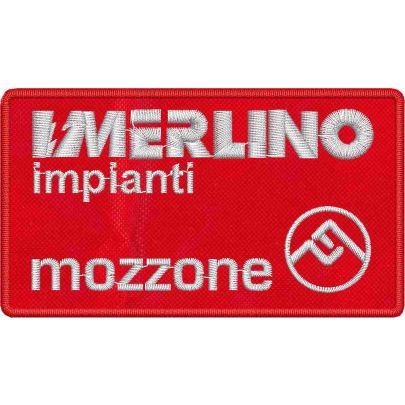 Patch ricamato personalizzato sponsor (MERLINO impianti-- MOZZONE) su base bianca cm. 9_x_5