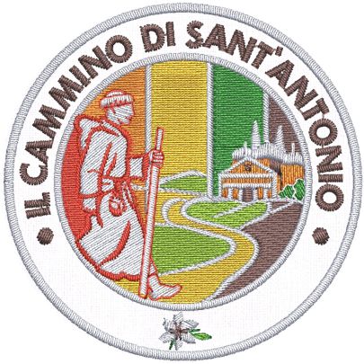 Patch completamente ricamato Il Cammino di SantAntonio su base bianca diam. cm. 6,5 