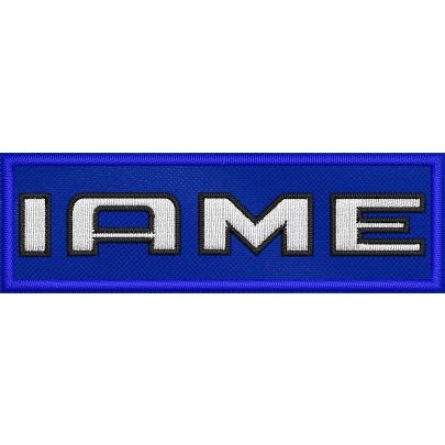 Patch ricamato su base bluroyal a cm.8 x 2,5 scritta "IAME"