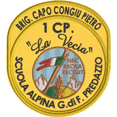 Patch ricamato SCUOLA ALPINA G.di F. La Vecia personalizzabile con Grado, Nome, Cognome su base gialla cm. 11 x 10