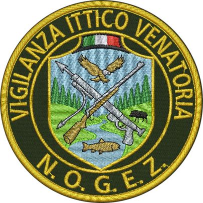 Patch ricamata VIGILANZA ITTICO VENATORIA (N.O.G.E.Z.) su base verde militare , diametro cm.9 