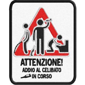 Patch personalizzato ricamato ADDIO AL CELIBATO mis. cm. 6,5 x 8 Cod.20160738_A