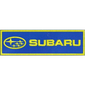 Etichetta ricamata SUBARU su base cm. 10 x 3 su base di tessuto blu Cod.2017419_A