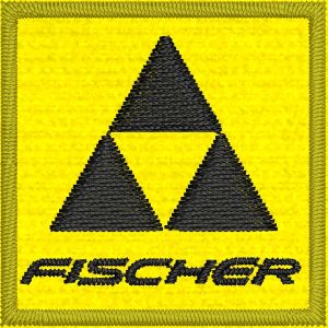 Patch Ricamato quadro FISCHE cm. 3 di base su fondo giallo 