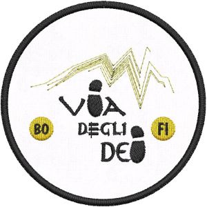 Patch Ricamato cammino Via degli Dei (BO)--(FI) diam. cm.7,5 su base bianca. 