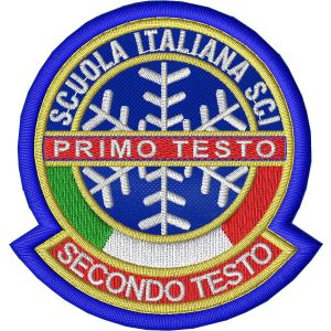 Patch ricamato per scuola sci , personalizzato con testo a piacere dimens .cm 7x7