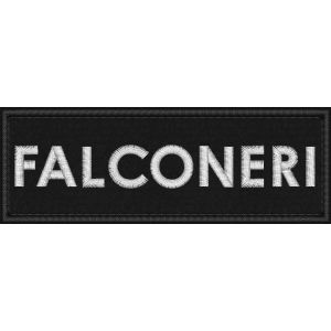 Patch ricamata su base nera scritta FALCONERI  cm.10,0 X 3,5 