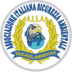 Patch Ricamata SICUREZZA VIGILANZA AMBIENTALE su base bianca diametro mm.80
