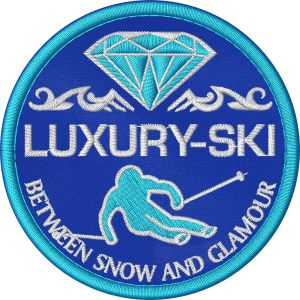 Patch ricamato Diamante LUXURY-SKI con sciatore su base blu royal diam. cm.8 