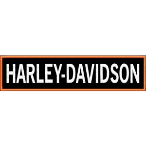 PATCH ricamata scritta HARLEY-DAVIDSON bianca e cornice arancio su base nera cm. 24X6 di lunghezza C