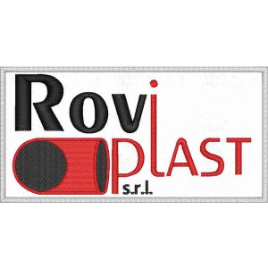 Patch ricamato logo ROVI PLAST su cordura bianca cm. 10 di base