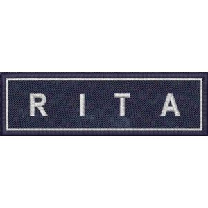 Patch con nome "RITA" su base Blu navy con misure cm 10 x 3 