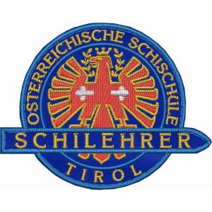 Stemma ricamato SKILEHRER (SUDTIROL) su base blu royal  cm. 7,5 x 6 c