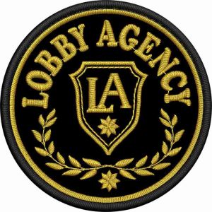 Patch ricamato su base nera Logo LOBBY AGENCY  (neutro con alloro) cm. 8 di diametro