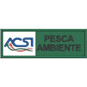 Patch ricamato su base bianca logo ACSI PESCA AMBIENTE cm. 9 x 3 