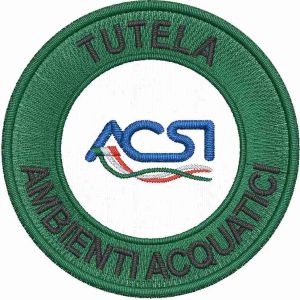 Patch ricamato tondo su base bianca logo ACSI TUTELA AMBIENTI ACQUATICI diam. cm. 7