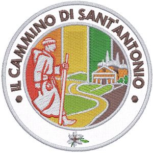Patch completamente ricamato Il Cammino di SantAntonio su base bianca diam. cm. 6,5 