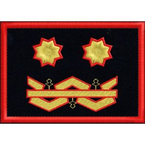 Patch rett. ricamato 2 stelle dorate e logo su fondo blu navy cm. 10 x 7 cod.SASS19006