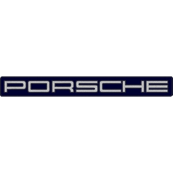 Patch ricamo scritta PORSCHE lunga cm. 40 su base BLU royal CON FILO silver