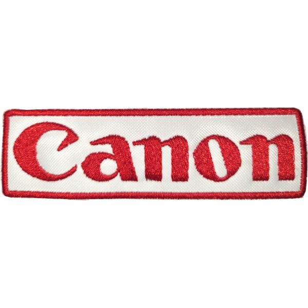 Patch ricamato logo CANON su base bianca e filato rosso