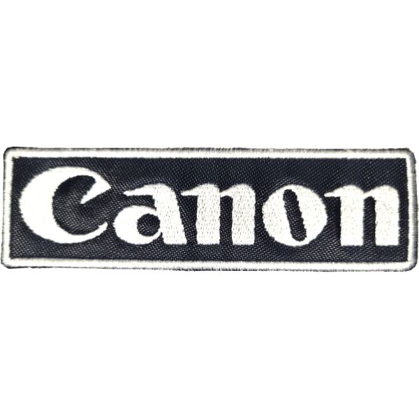 Patch ricamato logo CANON su base bianca e filato rosso