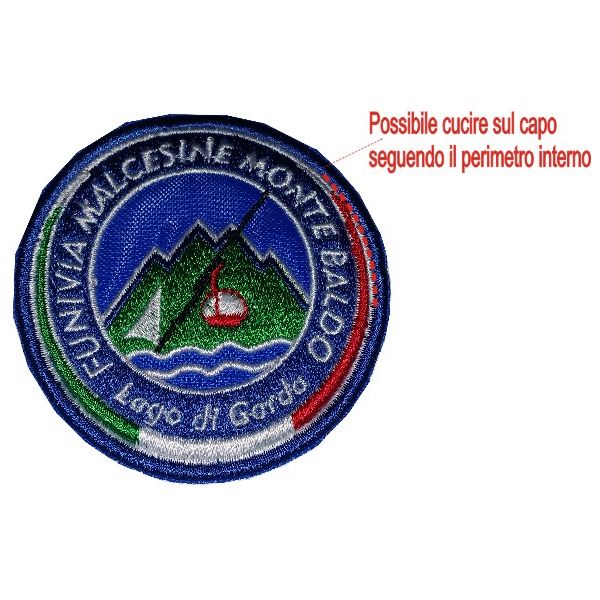 Stemma ricamato su base BLU FUNIVIA DI MALCESINE Lago di Garda diam. 65 mm. Cod.20160136_A
