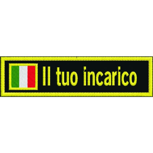 Patch ricamato su base nera con filato giallo e personalizzato con il tuo INCARICO Cod.20160210_A