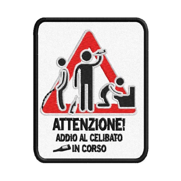 Patch personalizzato ricamato ADDIO AL CELIBATO mis. cm. 6,5 x 8 Cod.20160738_A