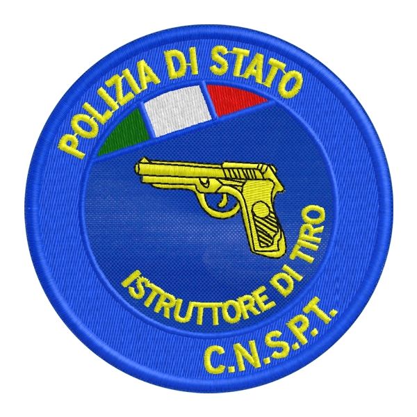 Bollo tondo ISTRUTTORE DI TIRO Polizia di Stato ,ricamato su base tessuto blu Cod.20161120_A