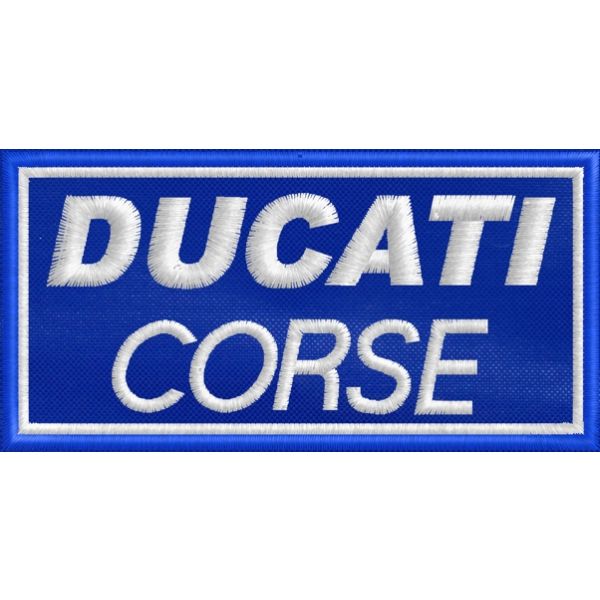 Patch ricamato scritta DUCATI CORSE cm.10 x 5 su base blu