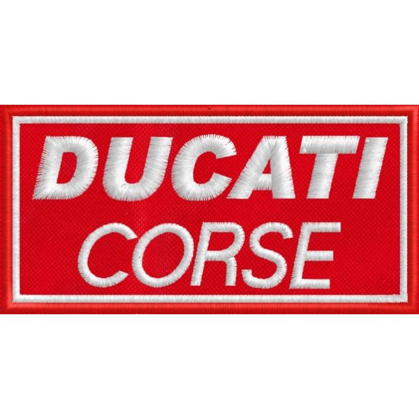 Patch ricamato scritta DUCATI CORSE cm.10 x 5 su base blu