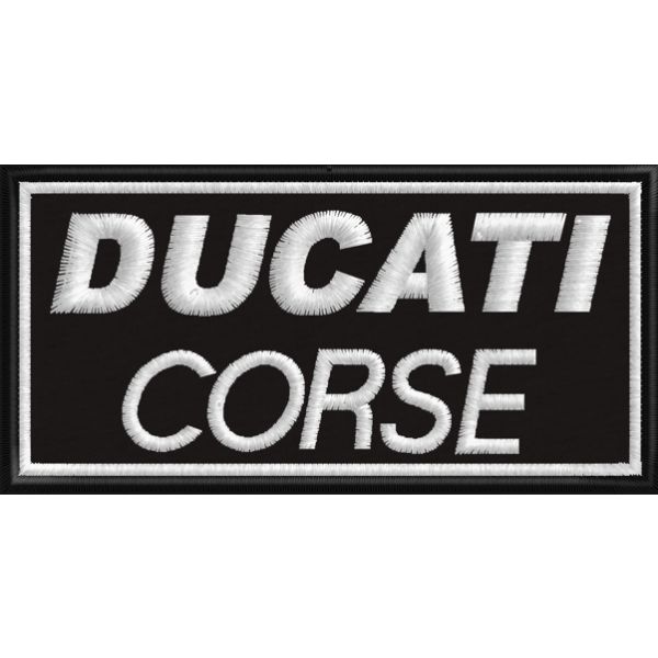 Patch ricamato scritta DUCATI CORSE cm.10 x 5 su base blu