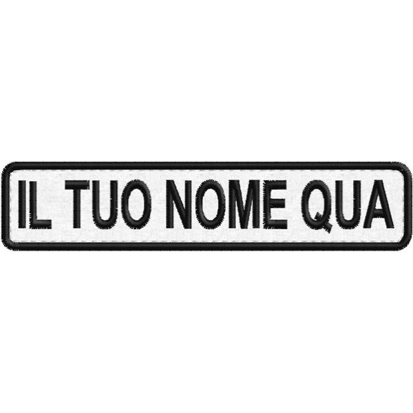 Badge ricamato con il proprio nome, su blu e filato rosso